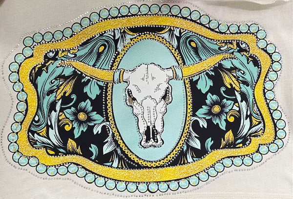 Western Floral Longhorn Rhinestone DTF Transfer