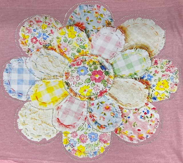 Patchwork Floral Daisy DTF Transfer with Rhinestones