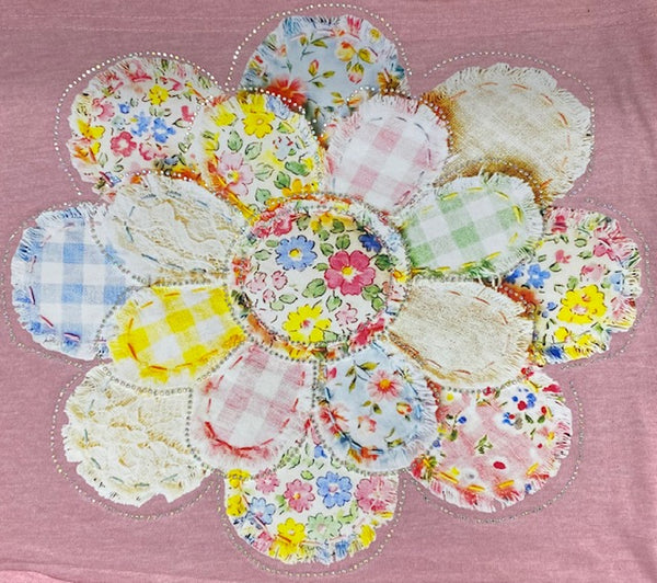 Patchwork Floral Daisy DTF Transfer with Rhinestones