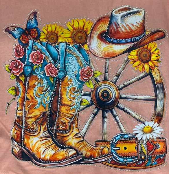 Western Boots &amp; Sunflowers Rhinestone DTF Transfer