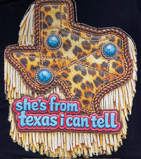 She's From Texas I Can Tell Leopard Fringe Rhinestone DTF Transfer