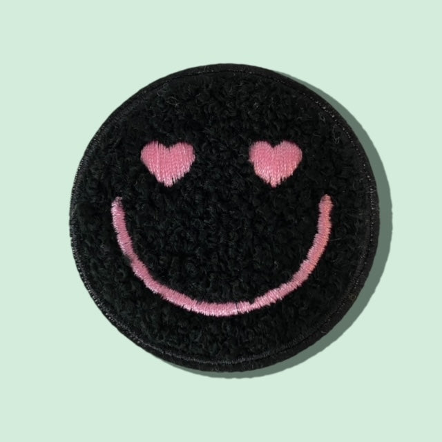 BLACK HEART EYES SMILEY HAT PATCH