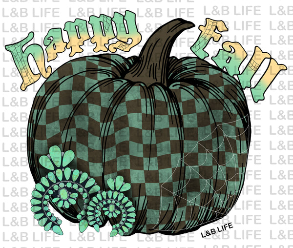 HAPPY FALL CHECKER TURQ PUMPKIN