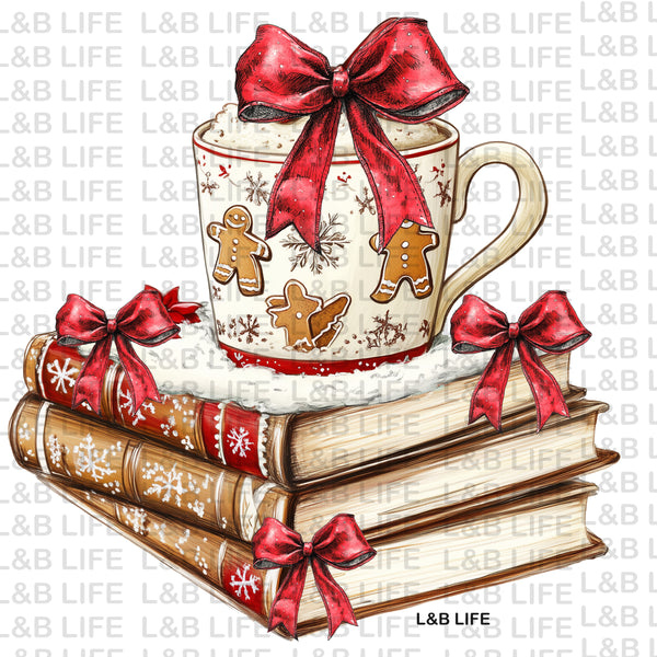 GINGERBREAD COFFEE CUP AND BOOKS