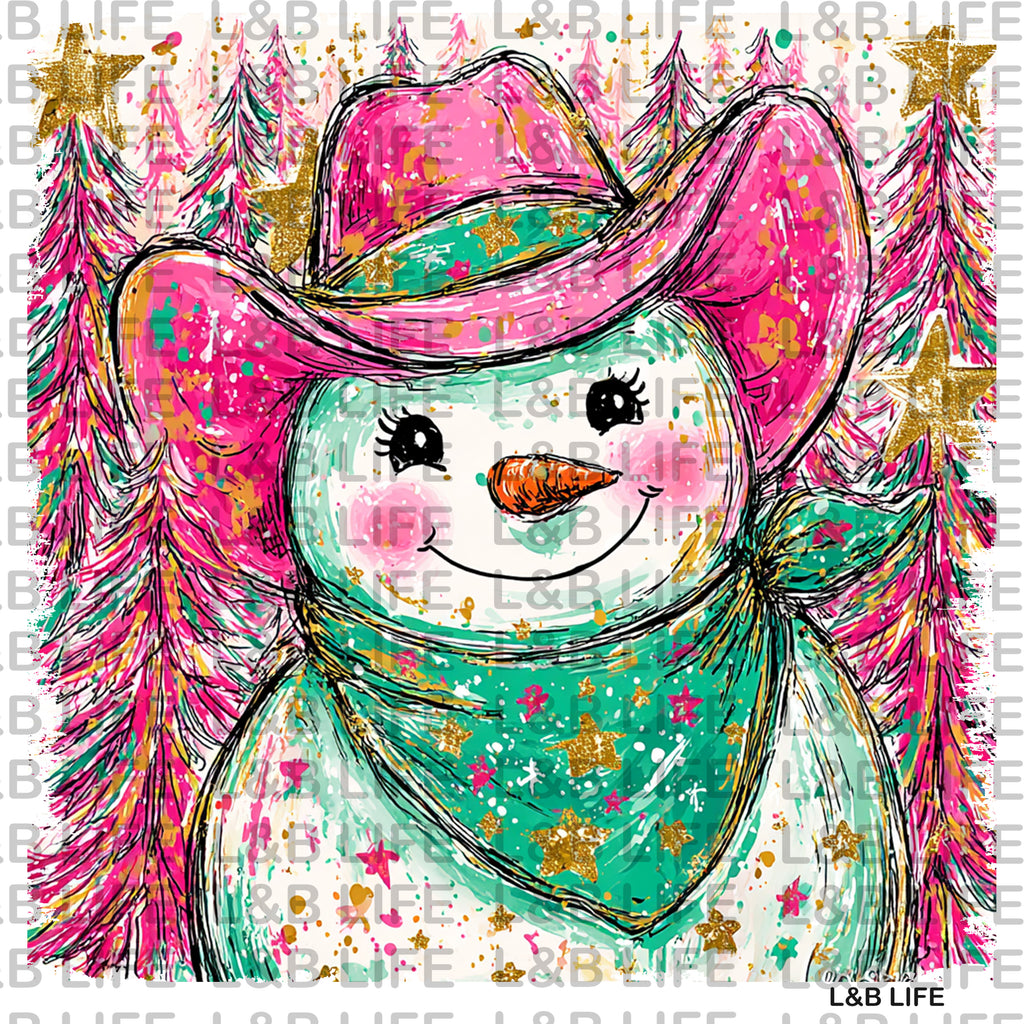 PINK TREES COWGIRL SNOWMAN