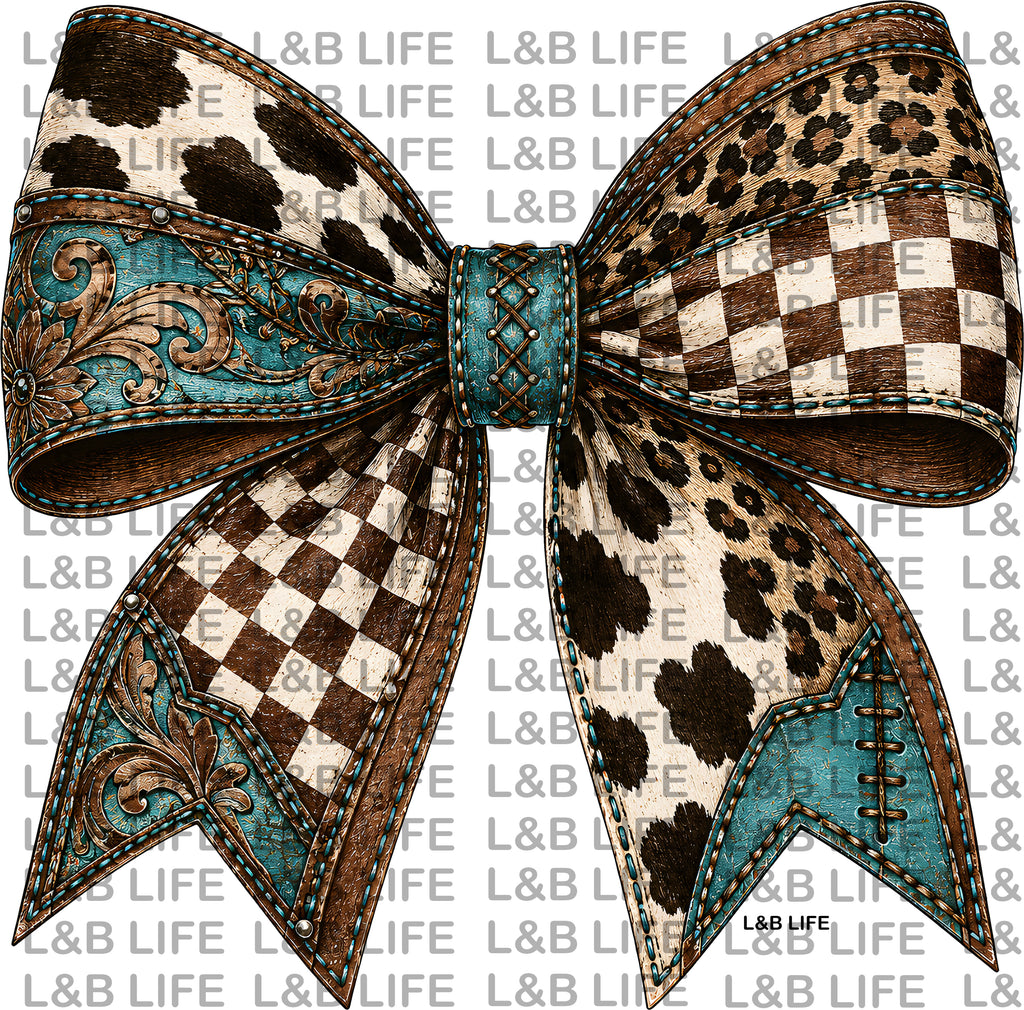 TURQUOISE CHECKERED COW BOW