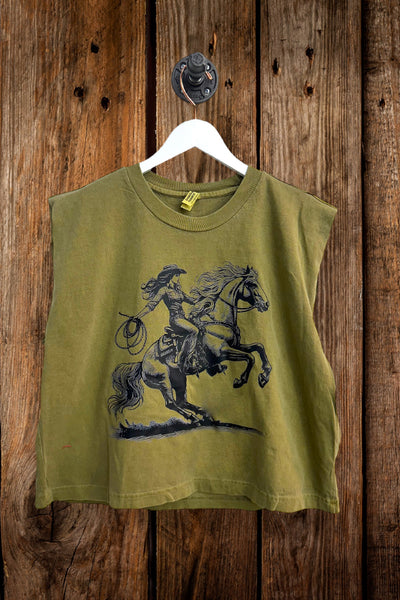 AA CROP DTF COWGIRL - OLIVE