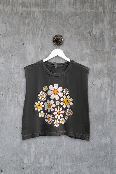 AA CROP DTF SMILEY FLOWERS - CHARCOAL